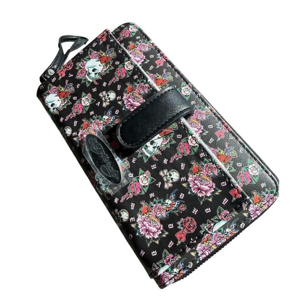 NWT Ed Hardy Love Kills Slowly Floral Bifold Wallet - Black Pink Rose Skull